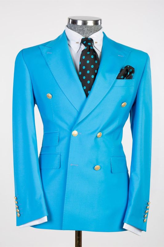 Fashion light blue slim fit two-piece men's suit with pointed collar