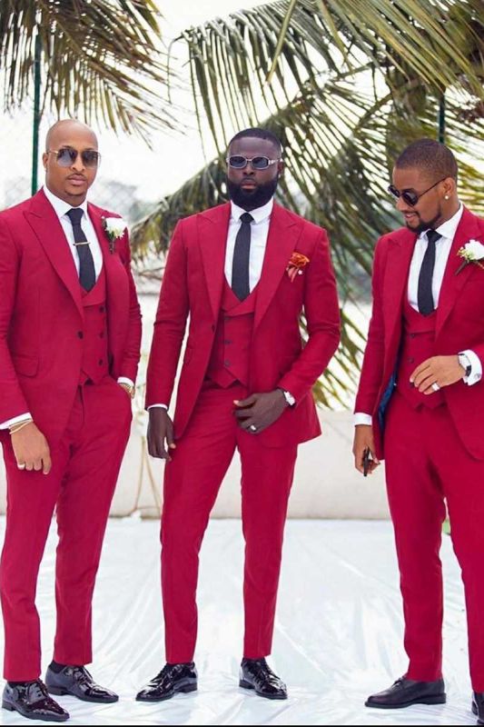 Red Slim Fit Point Lapel Wedding Groomsmen Suit 3 Piece
