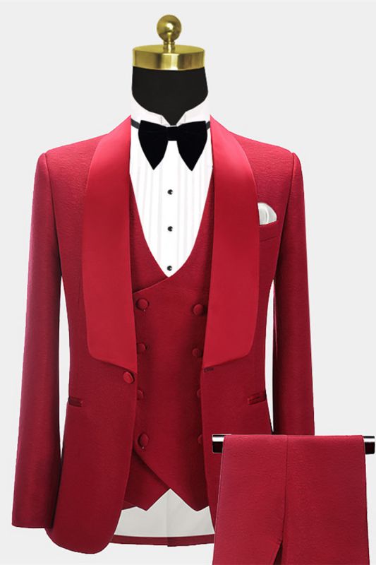 Abbas Red Three Piece Fashion Shawl Lapel Wedding Groom Suit