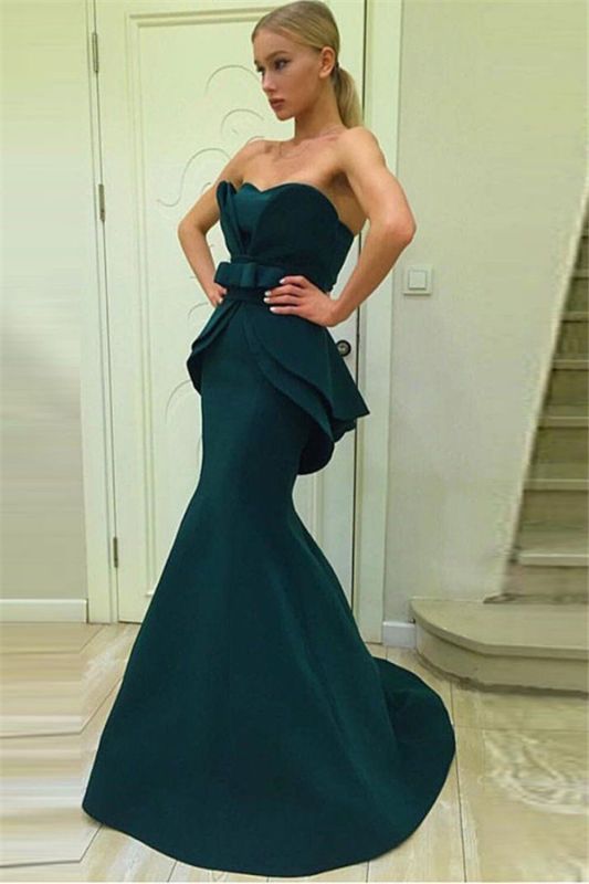 Dark Green Mermaid Strapless Evening Dresses | Ruffles Open Back Prom Dresses