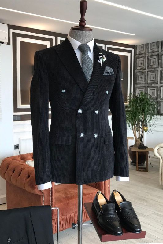 Formal All Black Point Lapel Double Breasted Velvet Business Mens Suit