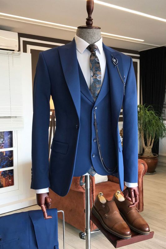 Alan Stylish Royal Blue Pointed Lapel Slim Fit Mens Business Suit