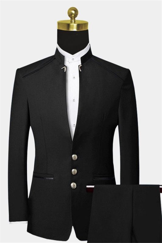 Formal Mandarin Collar Black Suits for Men | Slim Fit Two Pieces Tuxedo