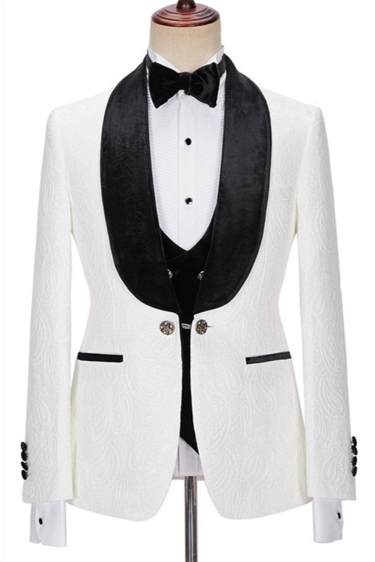 New White Jacquard Three Piece Wedding Mens Suit with Velvet Lapel