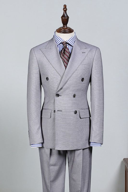 Dick Fashion Light Grey Pointed Lapel Double Breasted Custom Business Suit