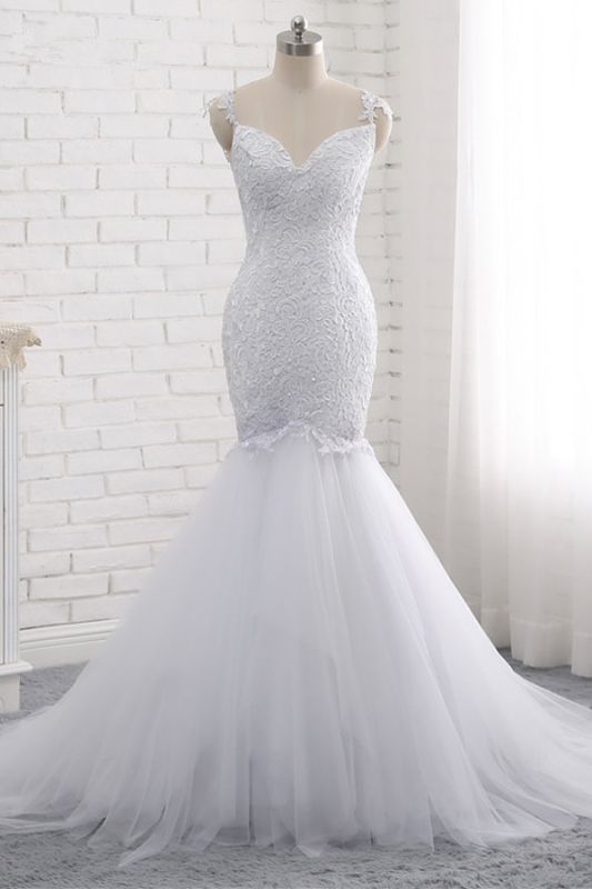 Bradyonlinewholesale Mordern Straps V-Neck Tulle Lace Wedding Dress Sleeveless Appliques Beadings Bridal Gowns Online