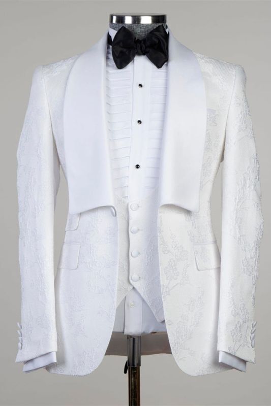 White Jacquard Shawl Lapel Three Piece Men's Wedding Suit