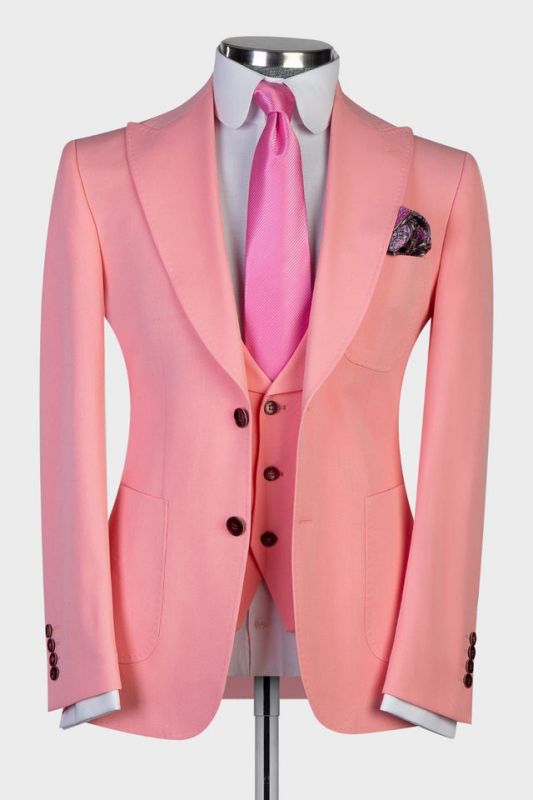 Trendy Pink Pointed Lapel three Piece Slim Fit Men for Prom