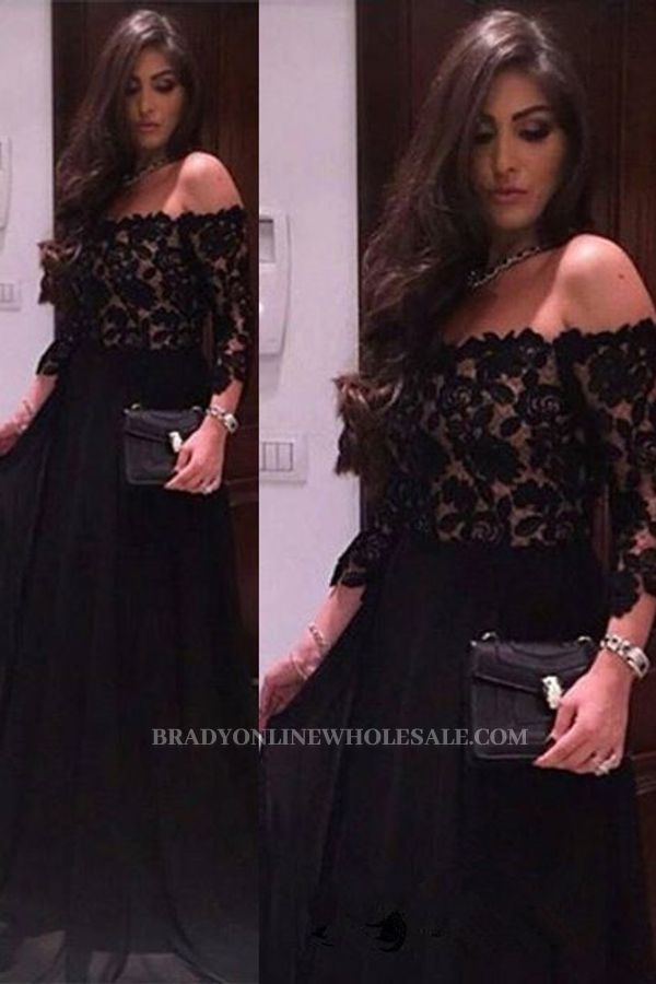 Black Lace A-line Off The Shoulder Evening Dresses Sleeves Cheap Prom Dress
