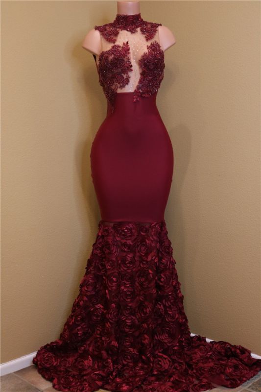 Burgundy Lace Prom Dresses with Roses Bottom | Sexy Sheath Sleeveless Cheap Evening Dress Online
