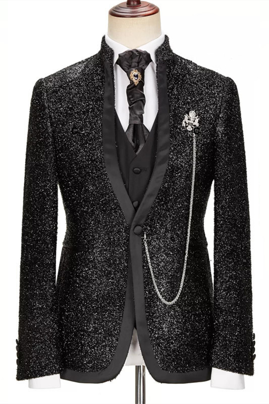 Black Dazzling Stand Collar Stylish Three-Piece Prom Suit