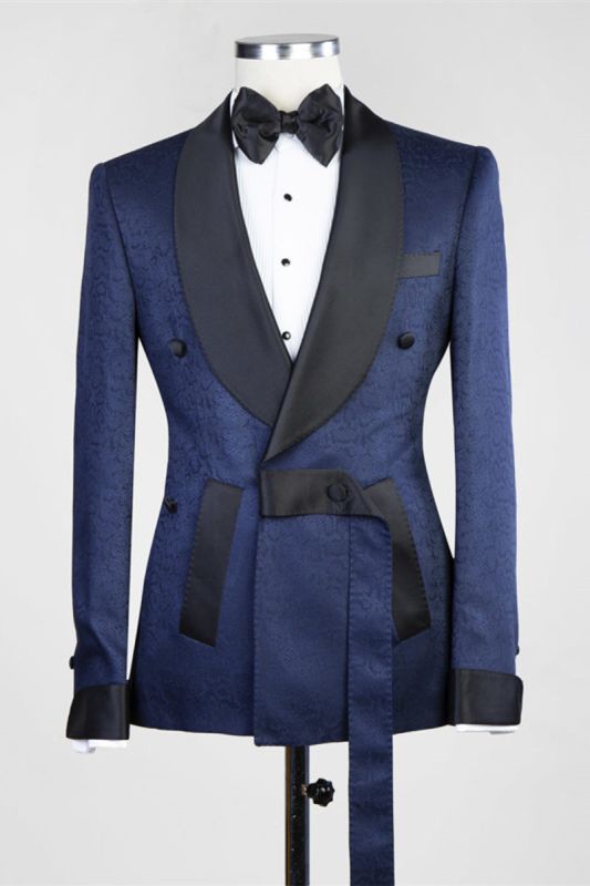 Cristopher Dark Blue Jacquard Shawl Lapel Wedding Mens Suit