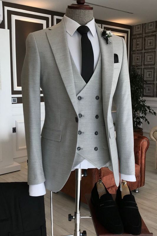 Mens Formal Light Grey 3 Piece Notched Lapel Double Breasted Vest Business Suit