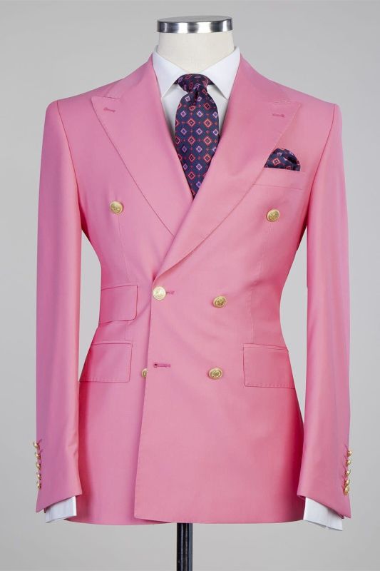 Pink Fashion Double Breasted Peaked Lapel Men Suits