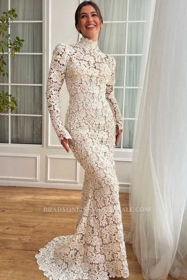 Designer Evening Dresses Long White Lace Ball Gowns with Sleeves