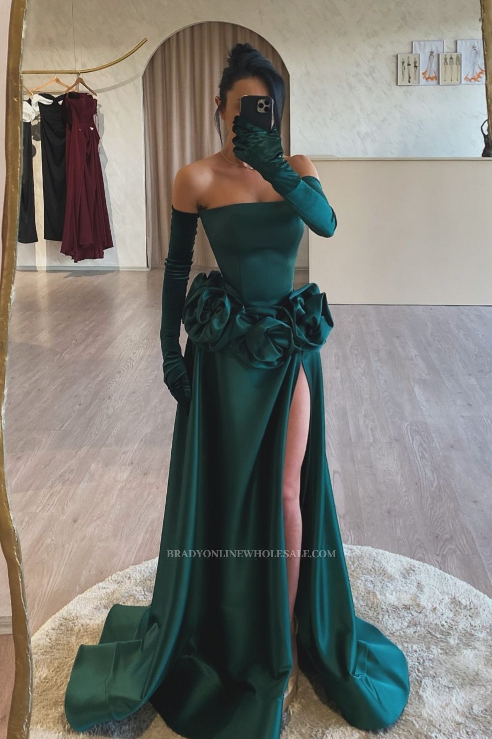 Strapless Flower Split Front Floor-length A-Line Prom Dresses
