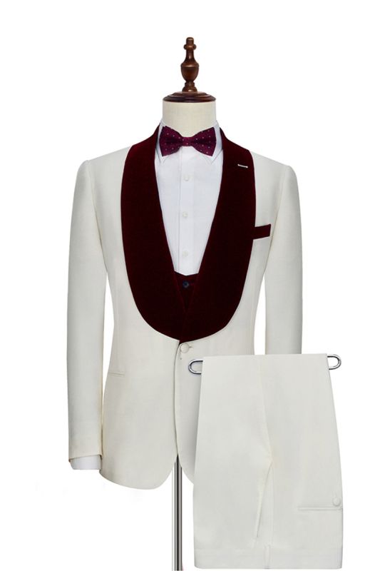 Velvet Shawl Collar White Wedding Tuxedo |  Burgundy Tank Top Three Piece Wedding Dress