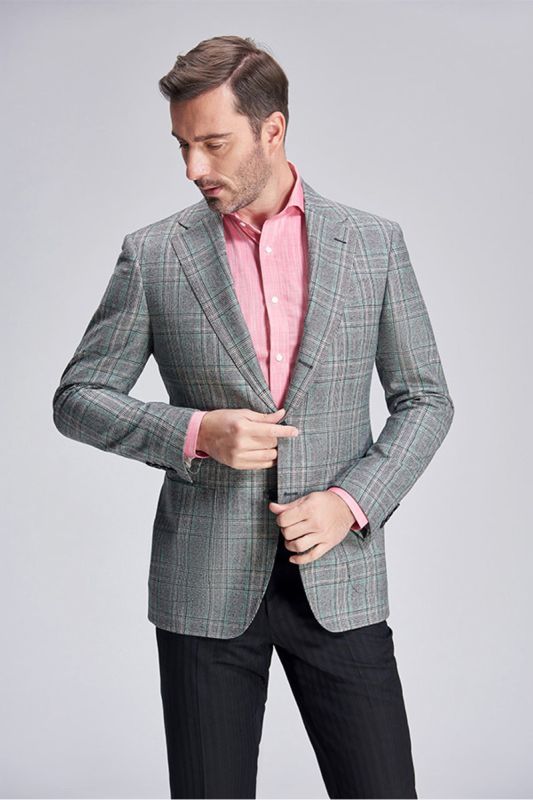 Casual Green Plaid Pocket Grey Mens Business Suit Blazer