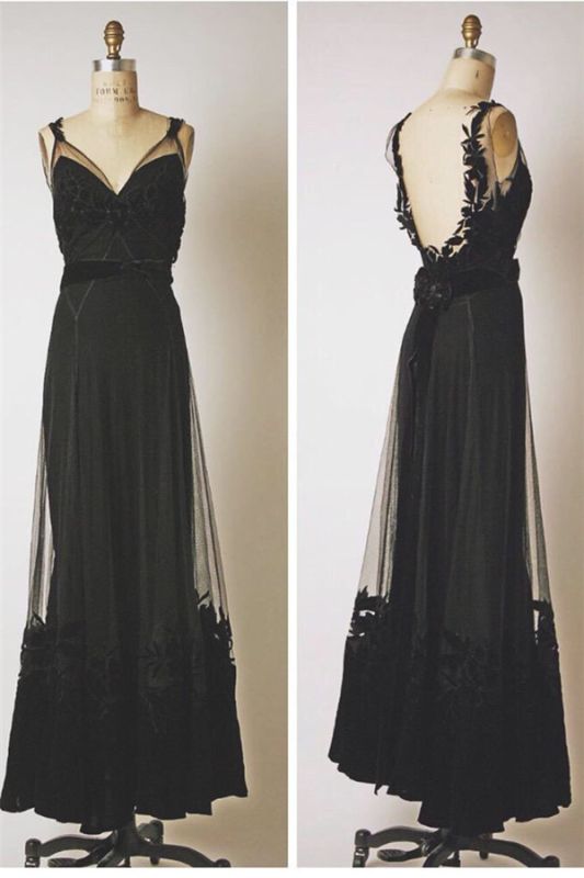 Black V-Neck Applique Cute Prom Dresses Floor Length Backless Sexy Long Sheer Evening Gowns