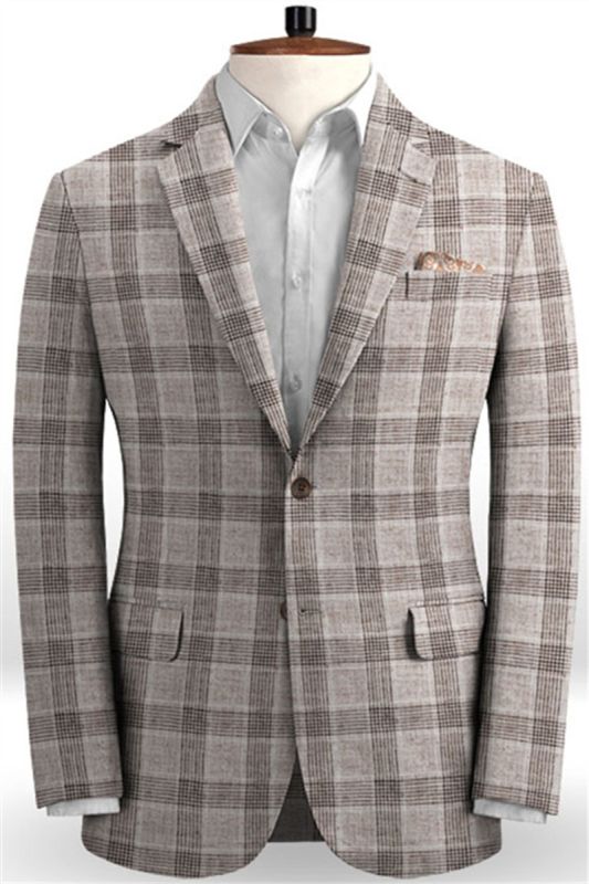 Khaki Linen Groom Mens Suit Online | Fashion Plaid Two Piece Tuxedo