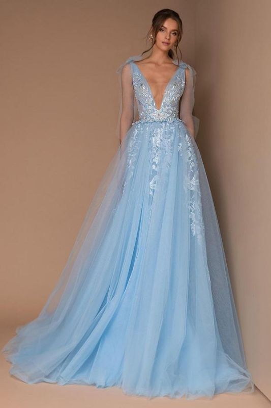 Stylish Sky Blue Deep V-Neck Tulle Lace Maxi Evening Dress