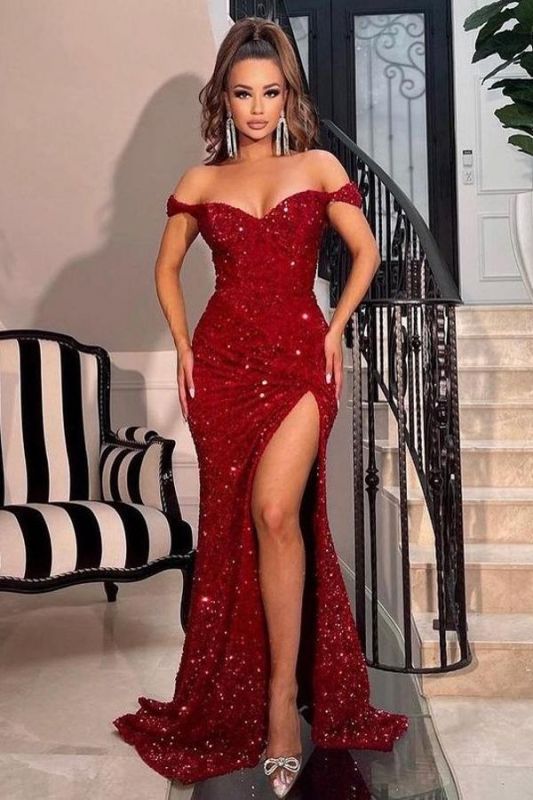 Sexy Glitter Sequins Off Shoulder Evening Party Gown Side Split Prom Dress
