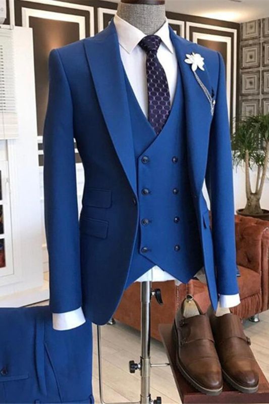Quincy Trendy Blue Three Piece Point Lapel Mens Suit