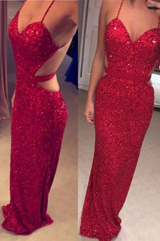 Spaghetti Straps Sequined Open Back Evening Dresses Sexy Red Sheath Prom Dress