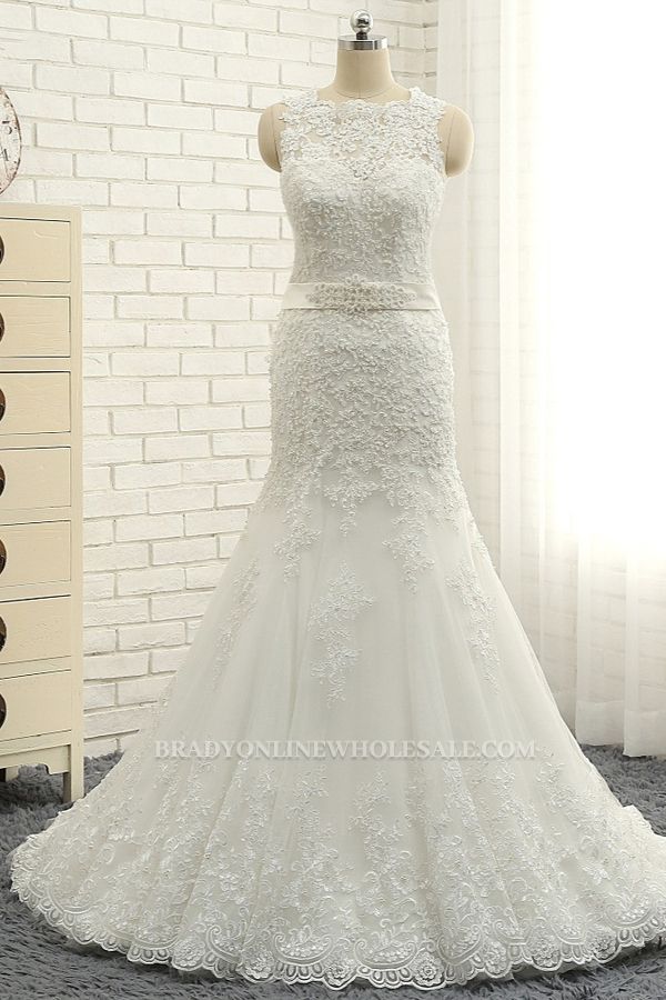 Bradyonlinewholesale Stylish Jewel Sleeveless Mermaid Wedding Dresses White Lace Bridal Gowns With Appliques On Sale