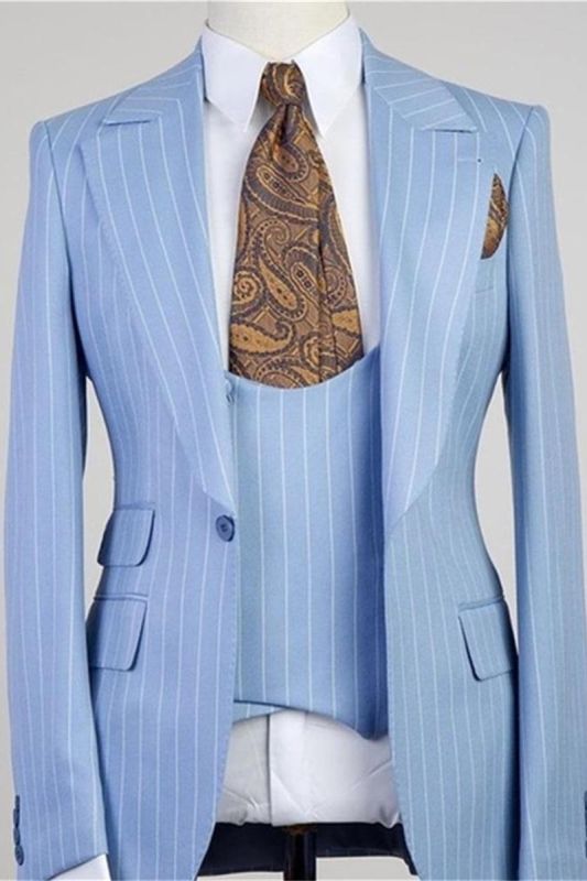 Isiah Fashion Blue Striped Point Lapel Three Piece Mens Suit