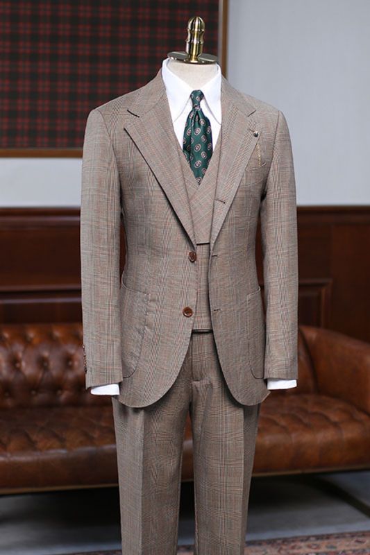 Atwood Handsome Light Khaki Check 3 Piece Custom Business Suit