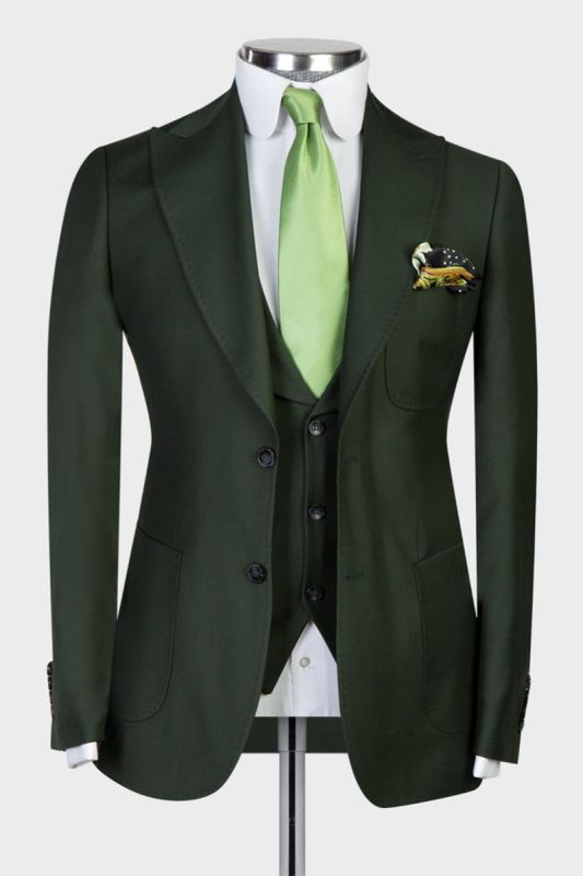 Chic dark green pointed lapel three-piece business men's suit