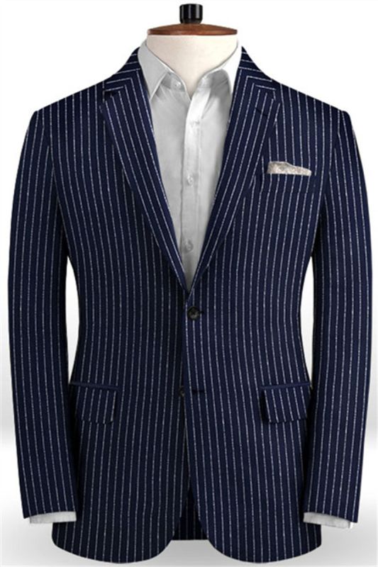Latest Dark Blue Linen Formal Tuxedo | Business Striped Two Piece Mens Suit