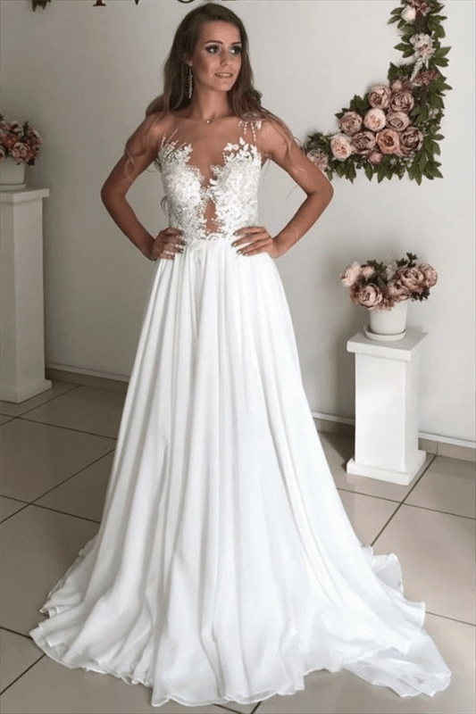 Strapless Appliques Sheer Tulle Chiffon A-line Bridal Wedding Dress