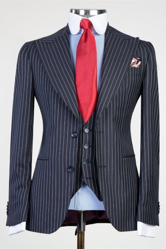 Black Stripe Peaked Lapel Threo Pieces Men Suits | Frederick Chic Black