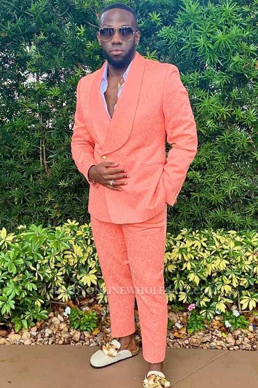 Modern Coral Jacquard Shawl Lapel Double Breasted Prom Two Suits