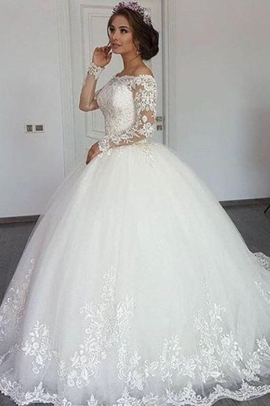 Elegant A-line Princess Lace Off The Shoulder Wedding Dresses| Floor Length Long Sleeves Bridal Gowns