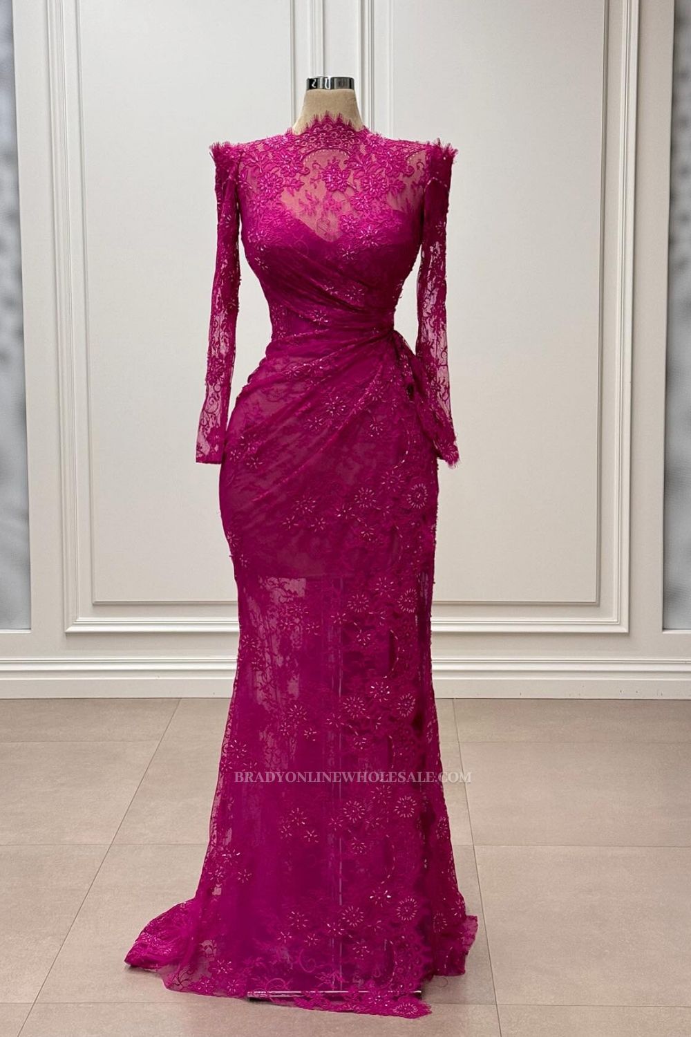 Fuchsia Evening Dresses Long Simple Lace Ball Gowns with Sleeves