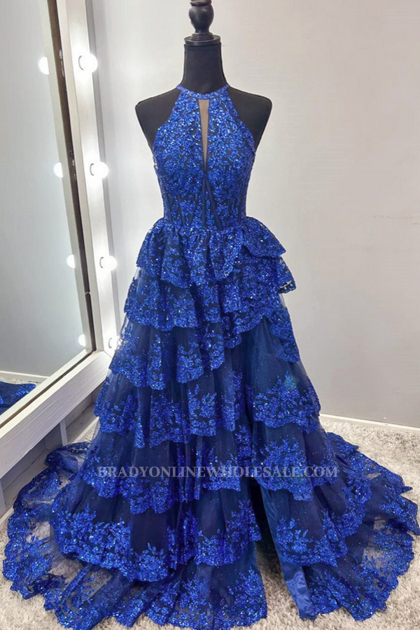 Designer Royal Blue Sparkly A Linie Lace Long Prom Dresses