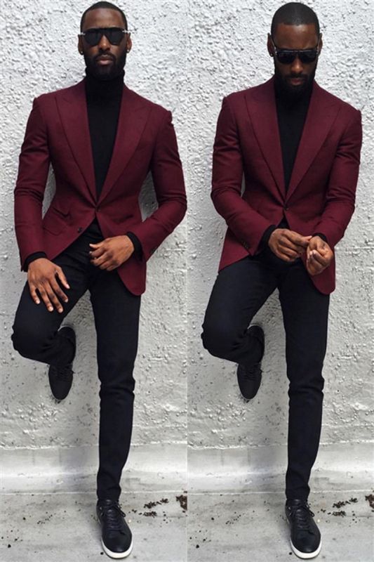 Black Burgundy Point Lapel Slim Fit Tailored Prom Mens Suit