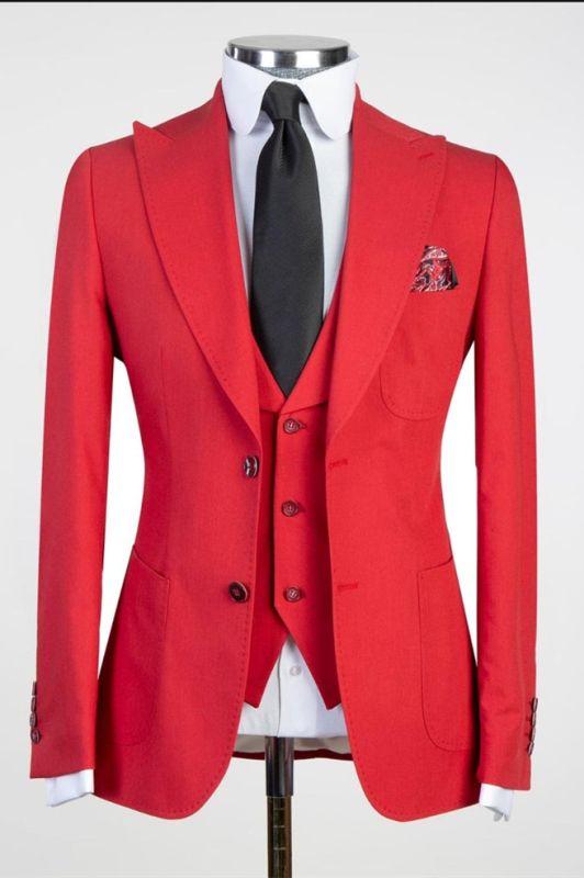 Red Peaked Lapel Three Pieces Close Fitting Men Suits