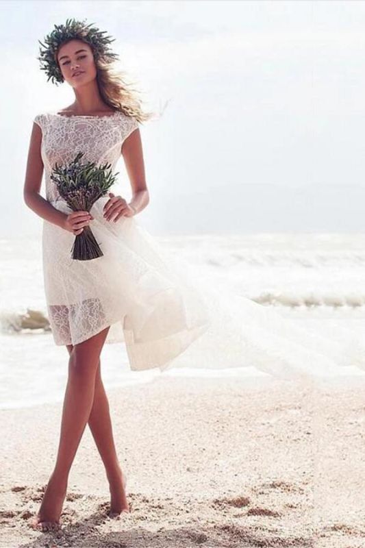 Boho Bateau Ankle High Cropped White Beach Wedding Dress