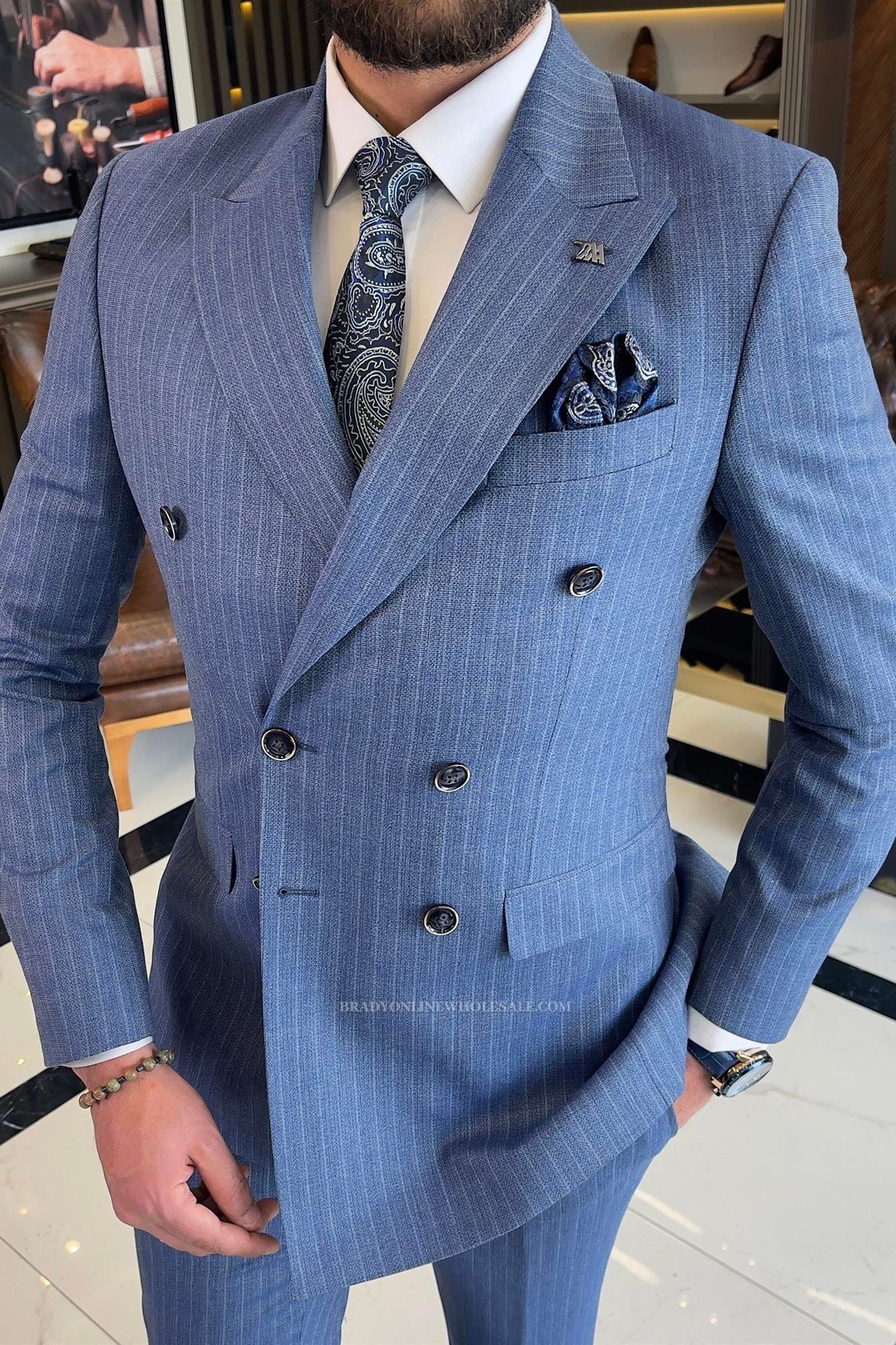 Blue Striped Peaked Lapel Double Breasted Business Suits