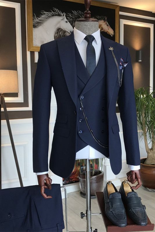 Aryan Deep Navy Three Piece Fitted Point Lapel Mens Suit