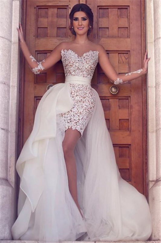 Long Sleeve Wedding Dress with Detachable Train Latest Short Lace Bridal Gown