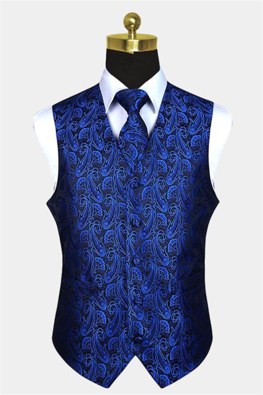 Stylish Silk Royal Blue and Black Mens Tuxedo Paisley Vest Set