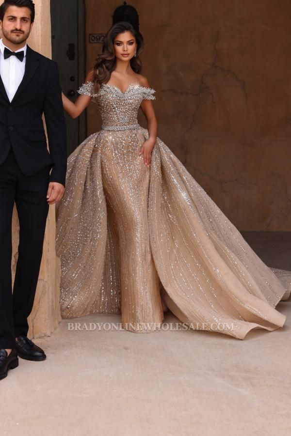 Champagne Sparkly Off Shoulder A Line Long Prom Dresses
