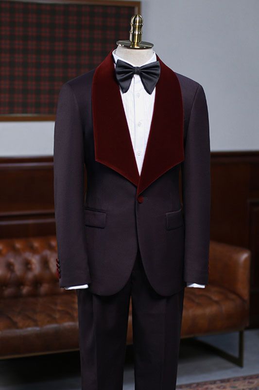 Alexander Unique Burgundy 2 Piece Groom Wedding Suit with Velvet Lapel