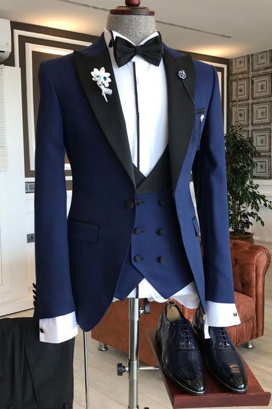 King Modern Royal Blue 3 Piece Black Point Lapel Double Breasted Vest Mens Suit