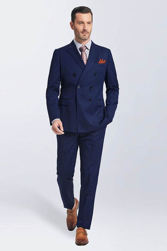 Navy Blue Double Breasted Peak Lapel Slim Fit Mens Suit